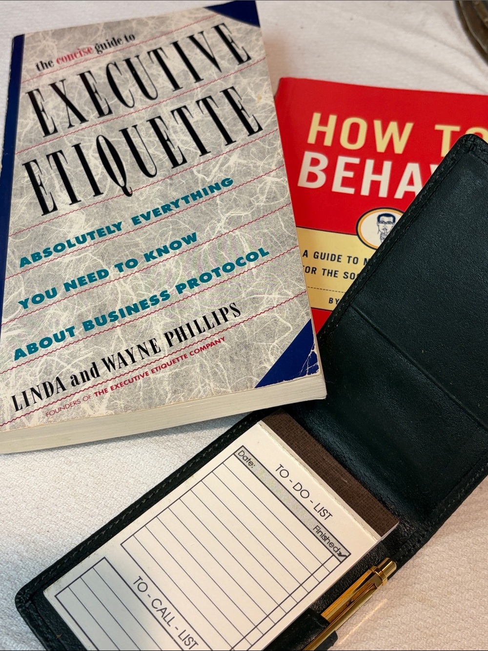 2 Books,”Business Etiquette”&”How to Behave”plus “Orvis” Leather Notebook/Pencil